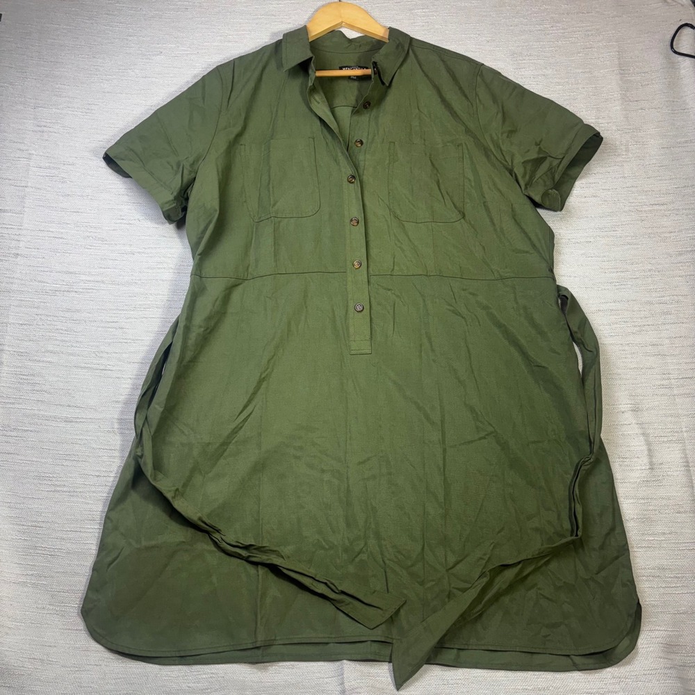 J.Crew Mercantile Women 22 Olive Green Short Sleeve Button Front Shirt Dress Tie